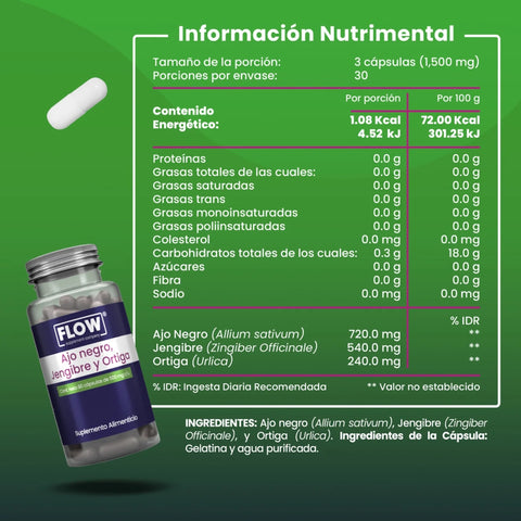 Ajo Negro Jengibre y Ortiga 90 cápsulas Flow