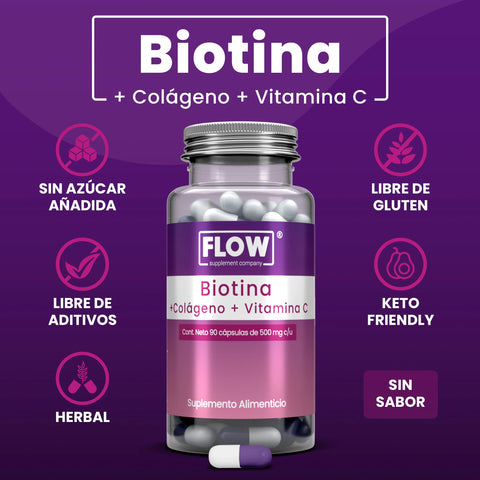 Biotina Colágeno Vitamina C 90 cápsulas Flow