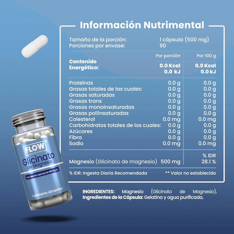 Glicinato de Magnesio de 500 mg 90 cápsulas FLOW