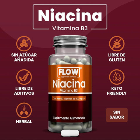 Niacina 90 cápsulas de 500 mg FLOW Vitamina B3 Niacinamida