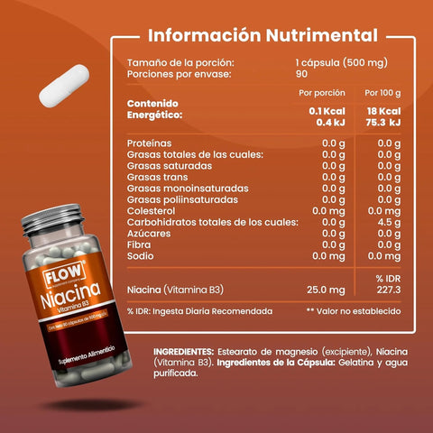 Niacina 90 cápsulas de 500 mg FLOW Vitamina B3 Niacinamida