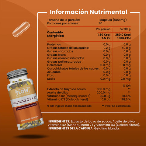 Vitamina D3 + K2 90 capsulas Flow.